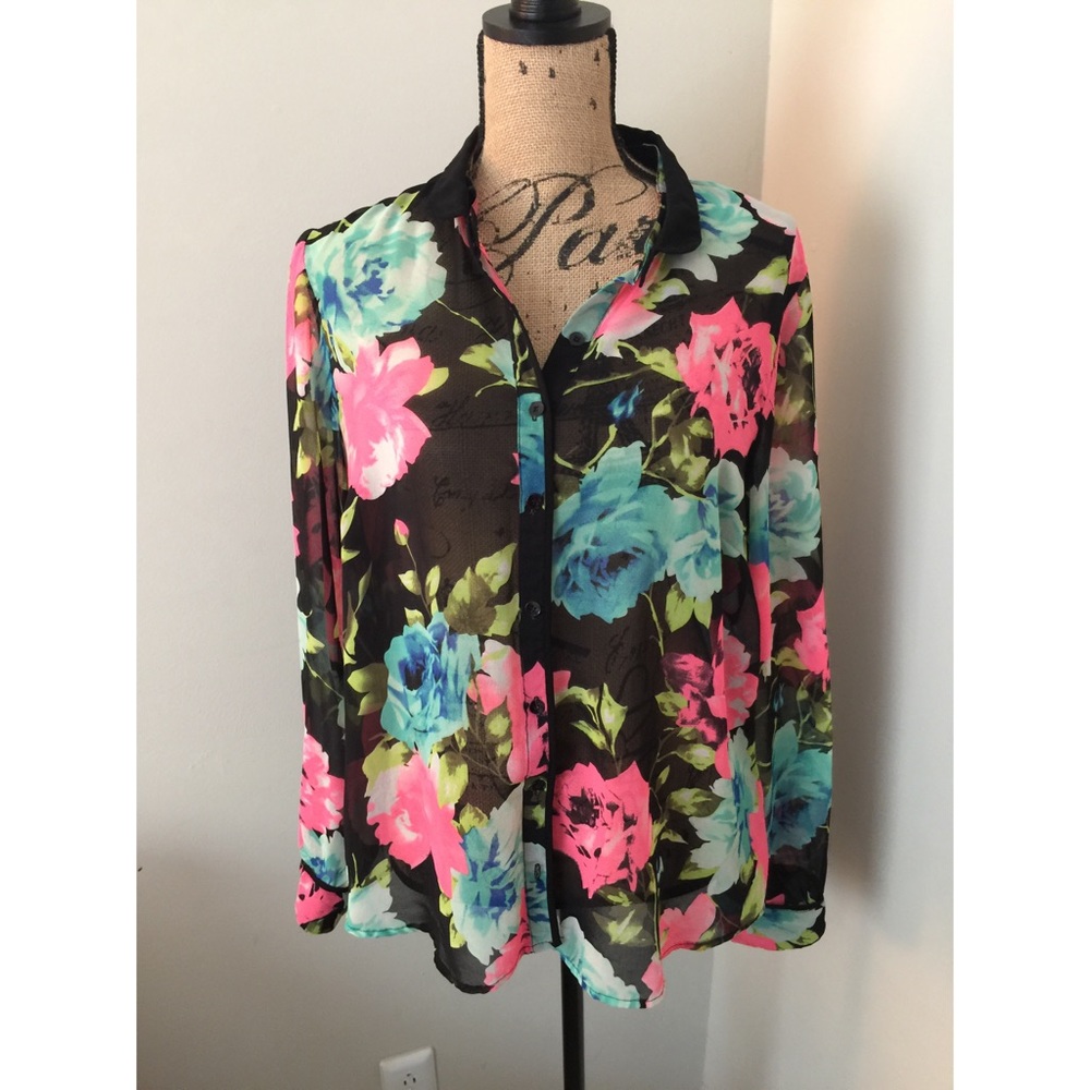Eloquii Sheer Neon Floral Blouse